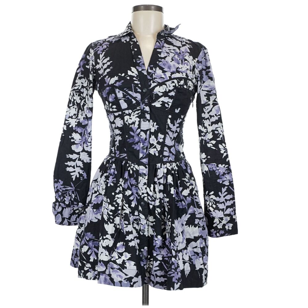 By Anthropologie Black Lavender Floral Corset Shirt Dress 6 Button Front Mini